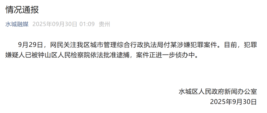 贵州六盘水凌晨通报:城管局付某涉嫌犯罪<strong></p>
<p>宝钛股份股票</strong>,已被批捕